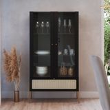 Cristaleira 2 Portas Vidro 1 Gaveta 83cm Palhinha Pé Metal Nero Nero/dourado