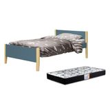 Cama Solteiro Simba Azul Fosco Com Pés Madeira Natural E Colchão D33 Reller Móveis