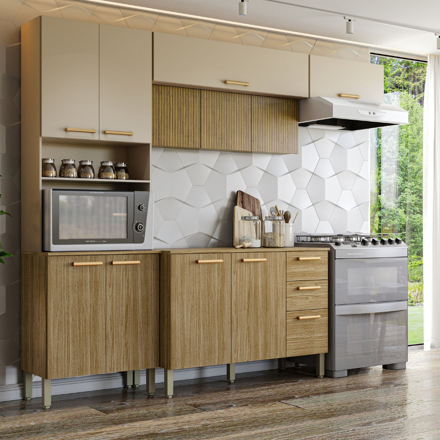 Armários Para Cozinha Com Balcão Com Tampo Urbane Freijó/vanilla/cp-ripado Freijó