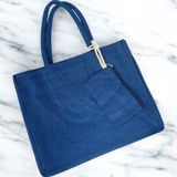 Bolsa De Praia Palha Feminina Com Zíper De Ombro Sacola Ecobag Tote Juta Natural Com Necessaire Azul