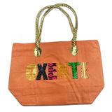 Bolsa De Praia Palha Feminina Com Zíper De Ombro Oxente Sacola Ecobag Tote Juta Com Alça Dourada Laranja