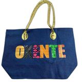 Bolsa De Praia Palha Feminina Com Zíper De Ombro Oxente Sacola Ecobag Tote Juta Com Alça Dourada Azul