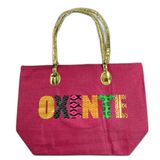 Bolsa De Praia Palha Feminina Com Zíper De Ombro Oxente Sacola Ecobag Tote Juta Com Alça Dourada Pink
