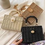 Bolsa Feminina Quadrada Baú De Palha Com Alça Transversal De Ombro Para Praia Piscina Moda Verão Blogueira Preto