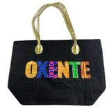Bolsa De Praia Palha Feminina Com Zíper De Ombro Oxente Sacola Ecobag Tote Juta Com Alça Dourada Preto