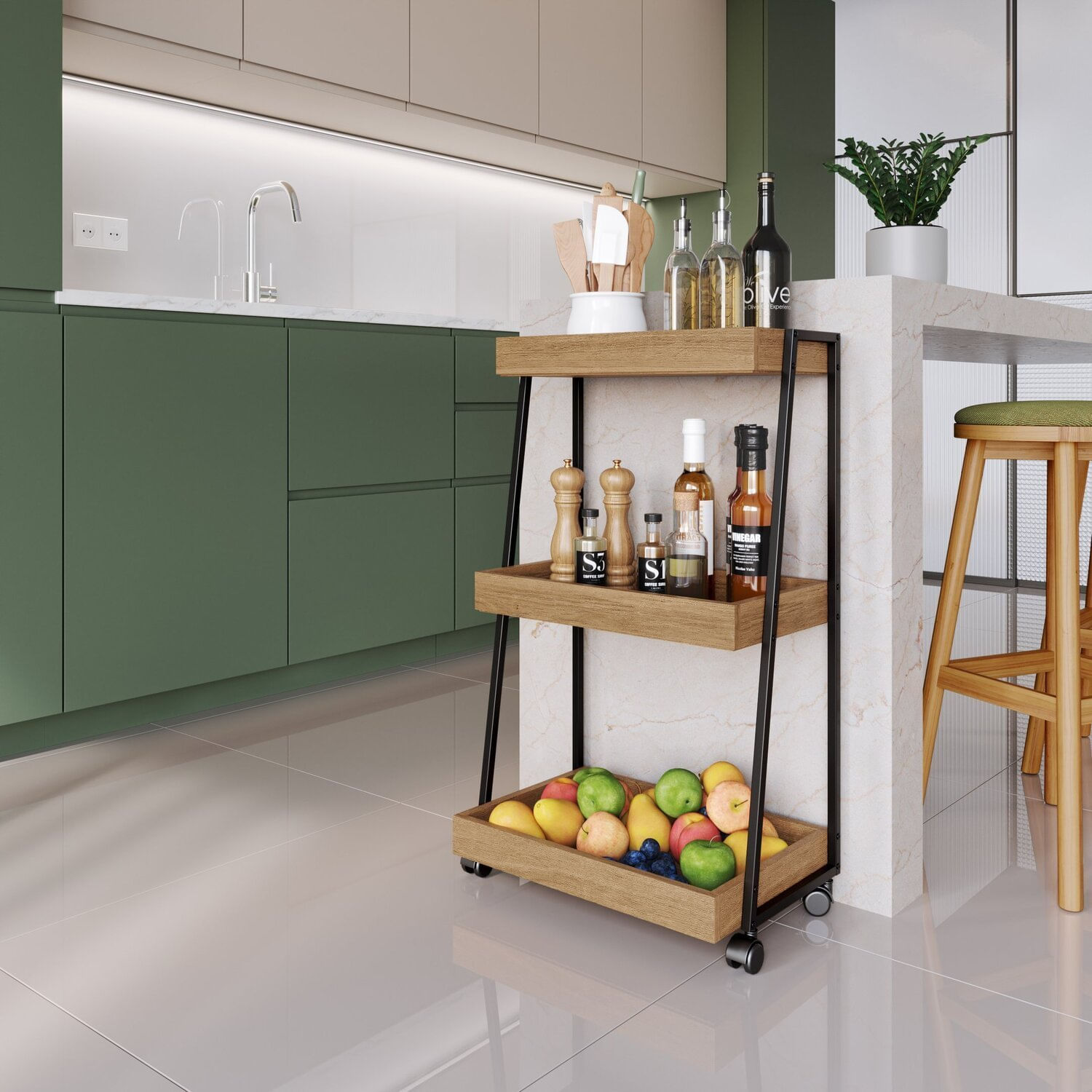 Carinho Organizador Multiuso Com 3 Prateleiras E Rodizios Preto/mel