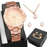 Relogio Feminino Aço Inox Rose + Colar Strass Brinco + Caixa Casual Ponteiro Social Inoxidável