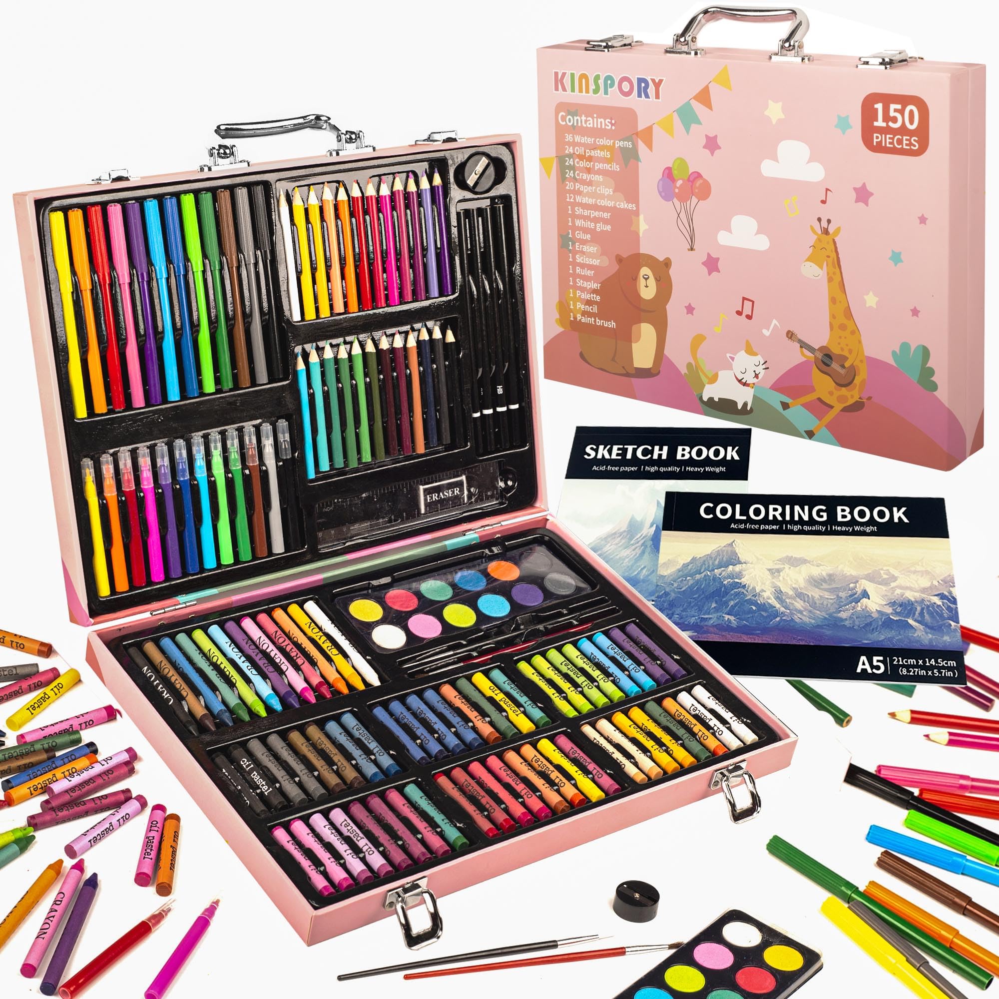 Conjunto De Arte Kinspory 150 Unidades Com Caderno De Esboços, Kit De Colorir Para Crianças Rosa