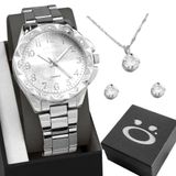 Relogio Aço Feminino Prata + Caixa + Brincos Colar Strass Social Original Inoxidável Ponteiro Casual