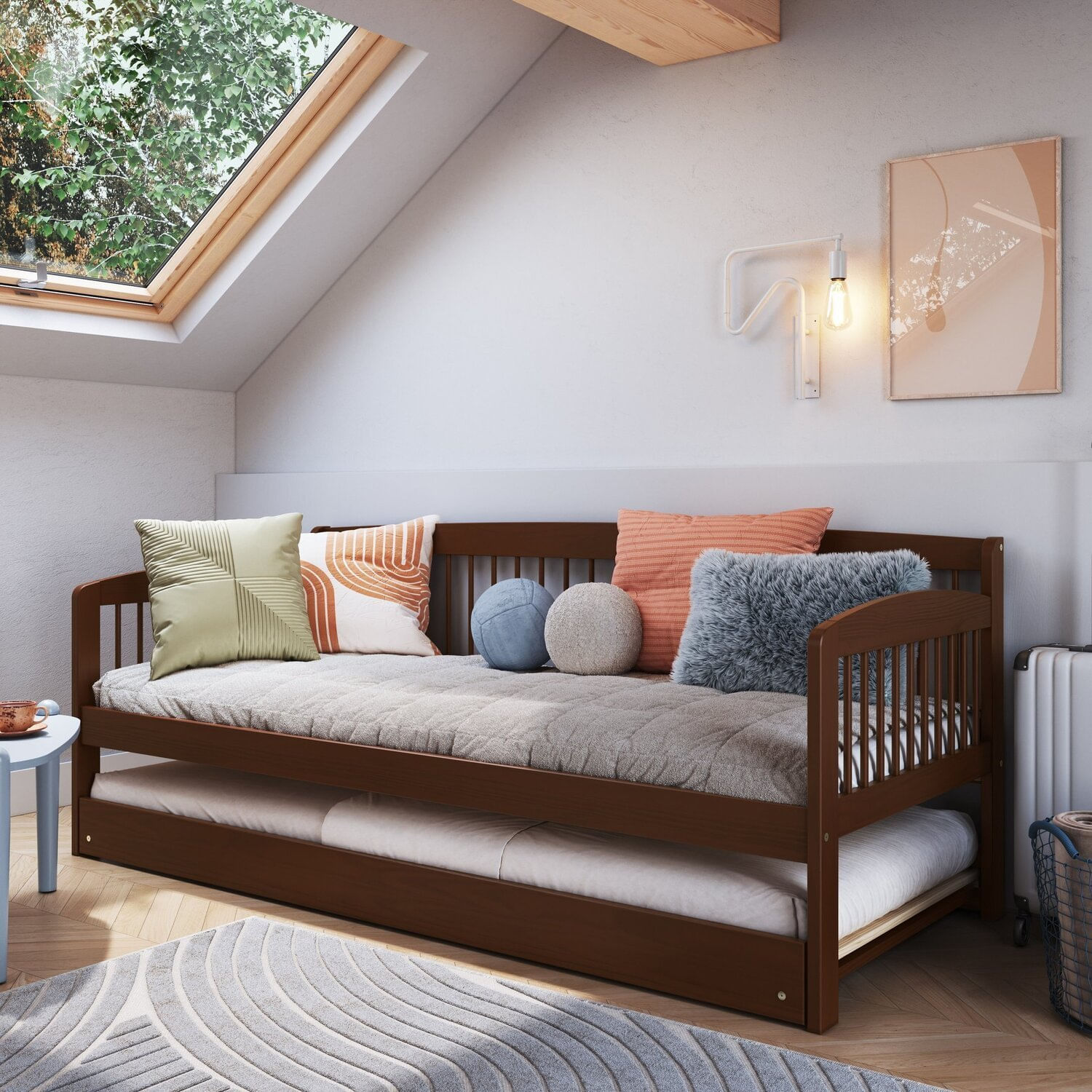 Sofá Cama E Cama Auxiliar Andover De Madeira Maciça Com Lastro Walnut