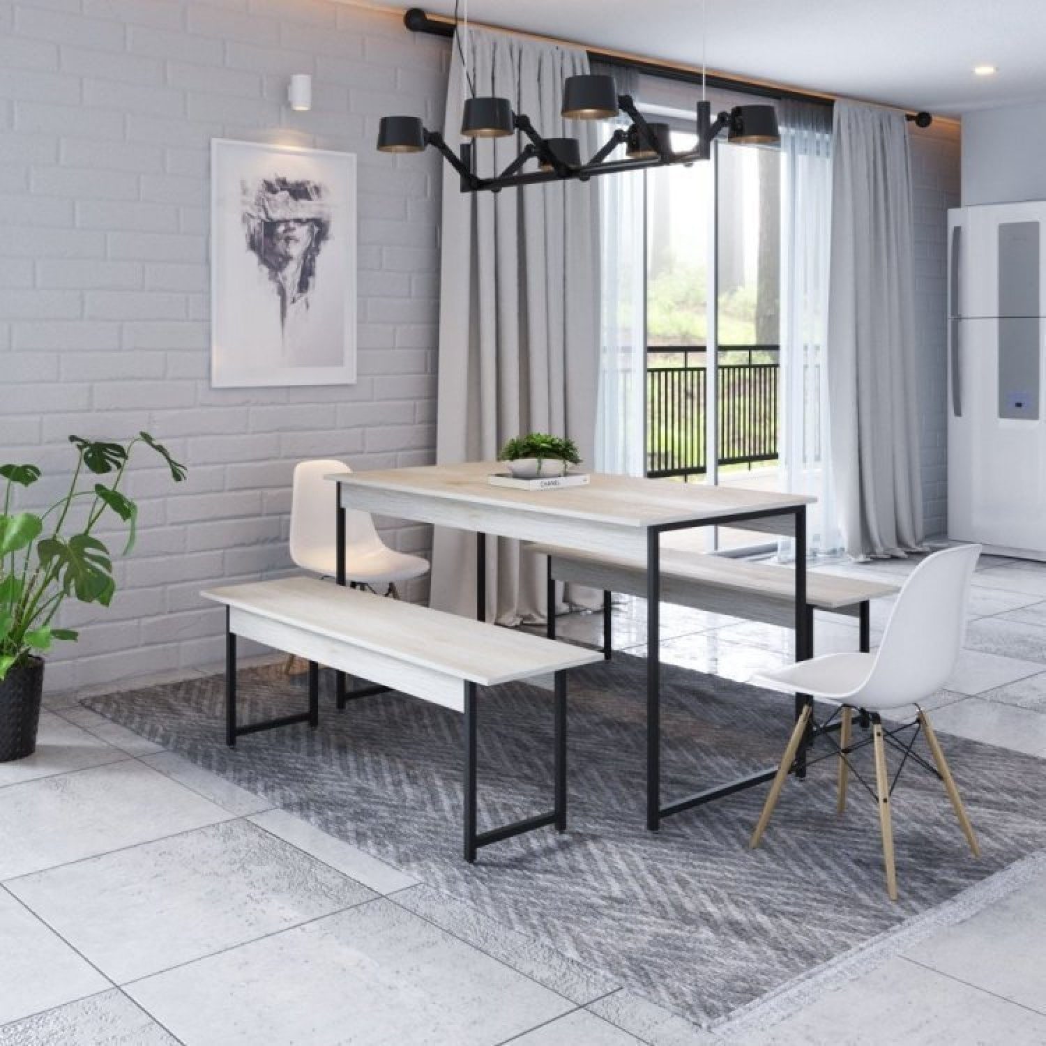 Conjunto Mesa De Jantar Com 2 Banco E 2 Cadeiras Eames Base Madeira Espresso Móveis