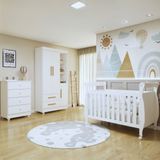 Quarto De Bebê Completo Com Cômoda, Berço Com Colchão E Guarda Roupas Mia Branco