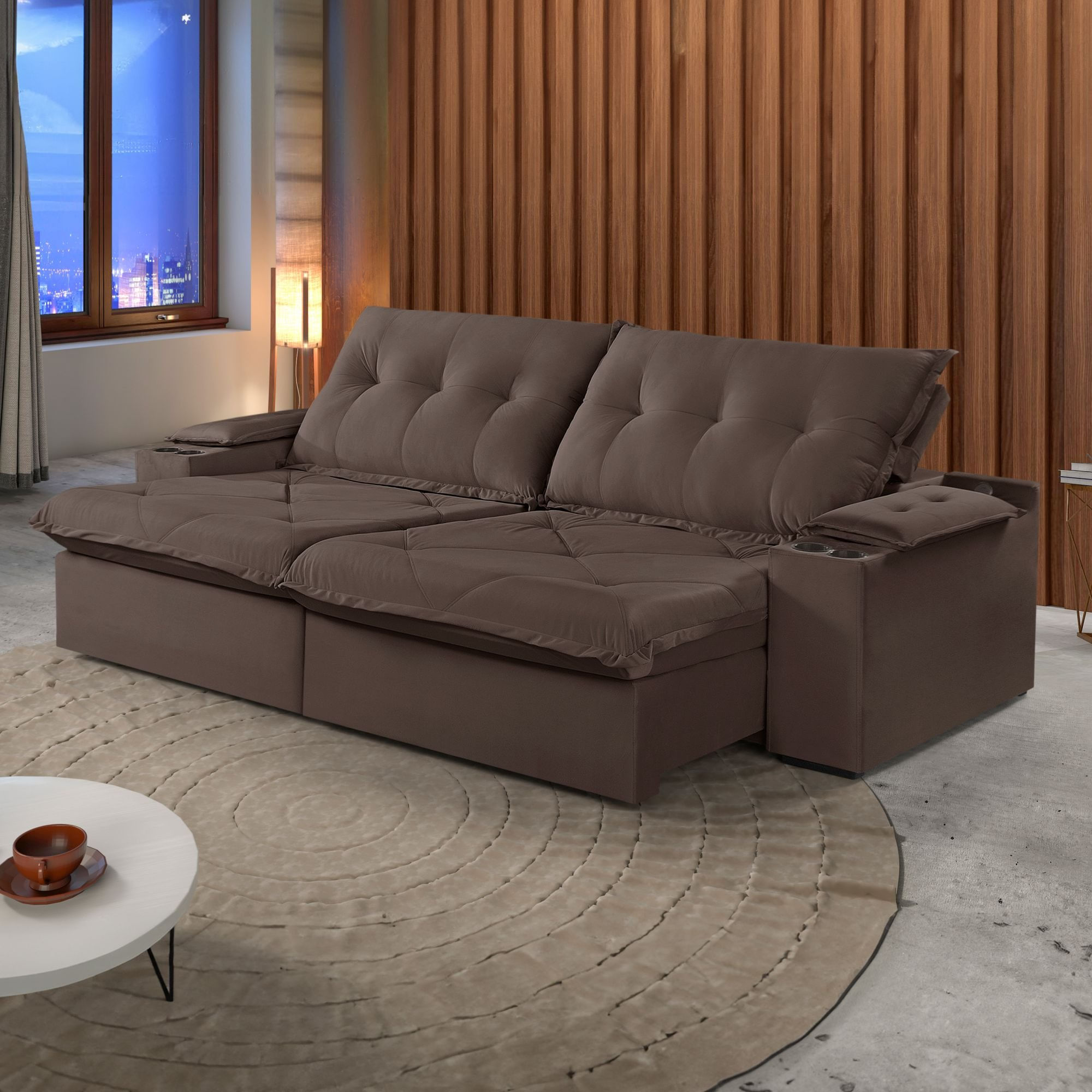 Sofá Retrátil E Reclinável 290cm M163 Com Porta Copos Yescasa Veludo/marrom Escuro