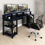 Kit Mesa Gamer Me4167 Com Cadeira De Escritório Diretor Tela Mesh Preto/azul