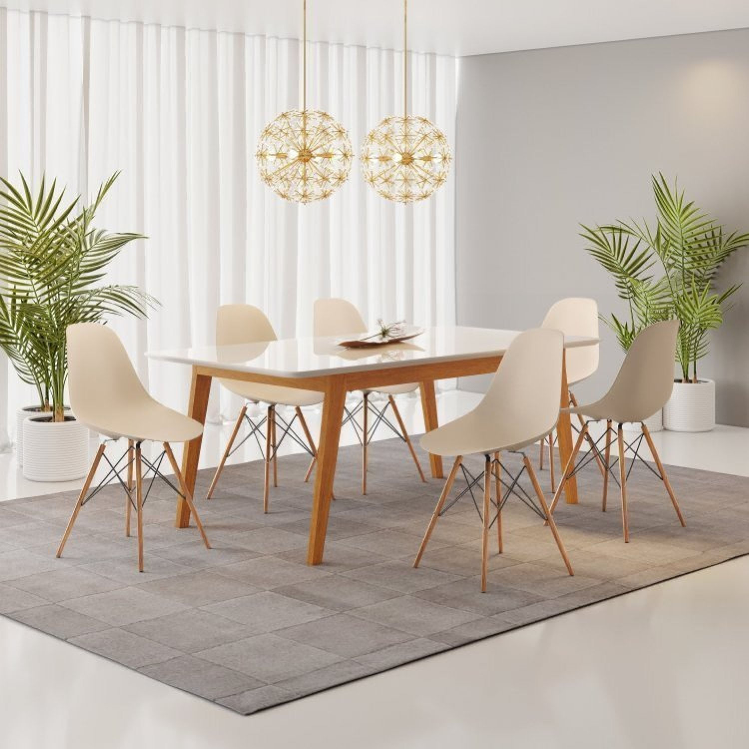 Conjunto Mesa Retangular Vidro/mdf Com 6 Cadeiras Eames Pp Fendi/cinamomo/off White