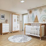 Quarto De Bebê Completo Com Cômoda, Berço Com Colchão E Guarda Roupas Mia Branco / Amadeirado