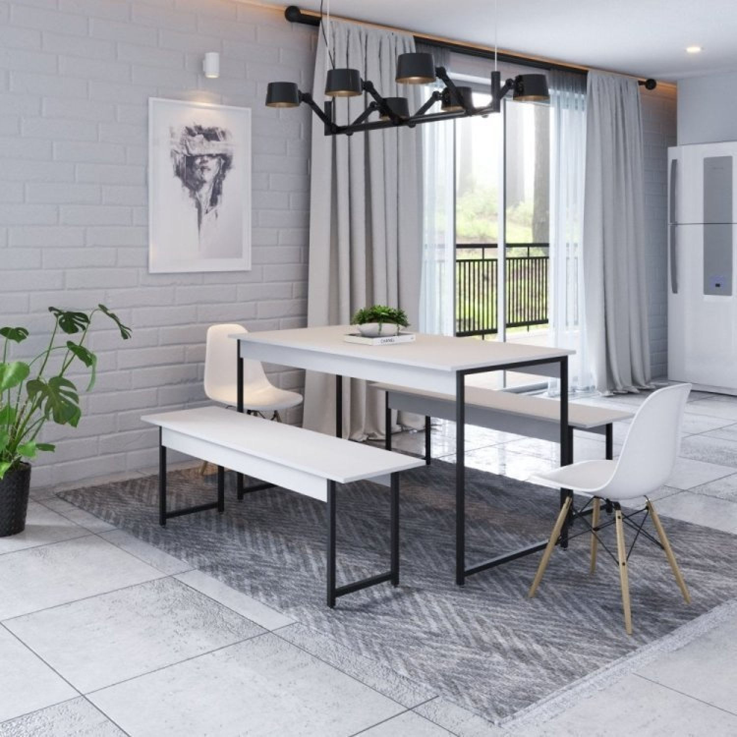 Conjunto Mesa De Jantar Com 2 Banco E 2 Cadeiras Eames Base Madeira Espresso Móveis