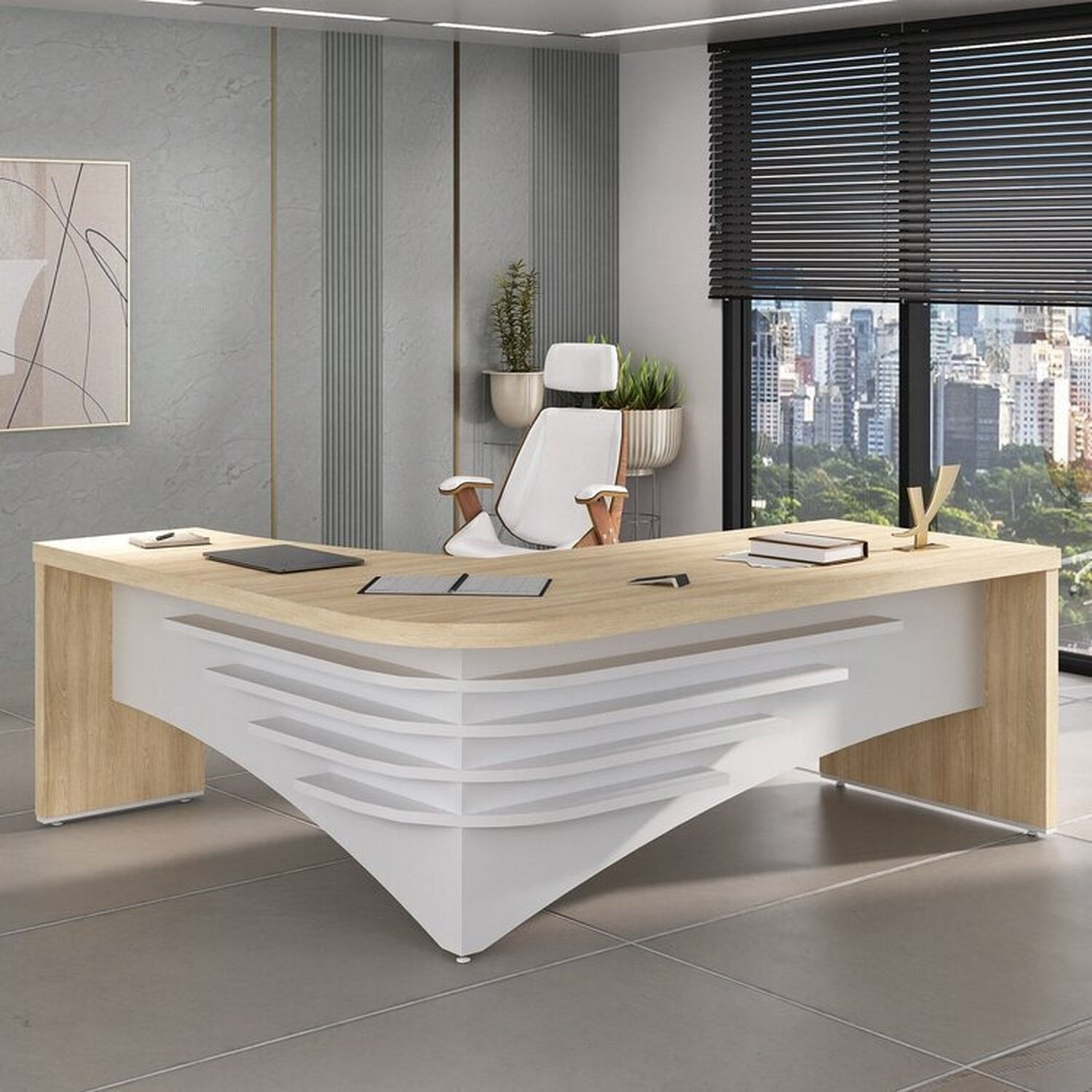 Kit Com Mesa Para Escritório Diretor Em L E Cadeira De Escritório Presidente Lisboa Espresso Móveis Carvalho/branco