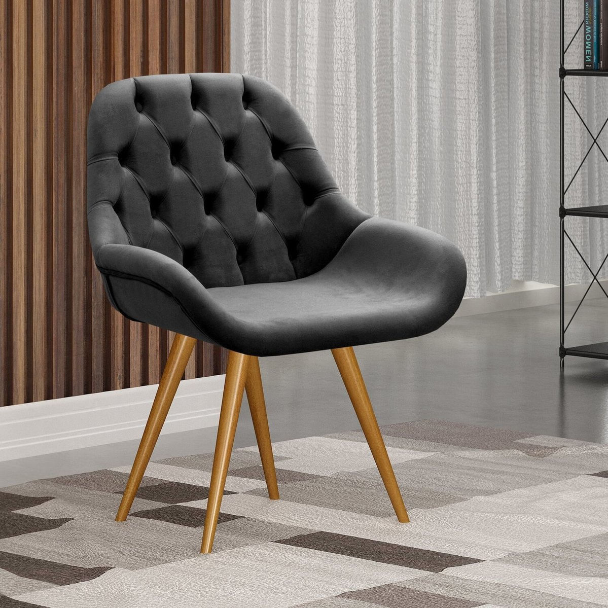 Poltrona Botonê Pé Palito Cadeira Decorativa Sala, Escritório, Recepção Lua Preto