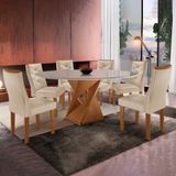 Conjunto Mesa Redonda Com Vidro E 6 Cadeiras Tampo 120cmx120cm Barcelona Yescasa Cinamomo/off White/suede Pena
