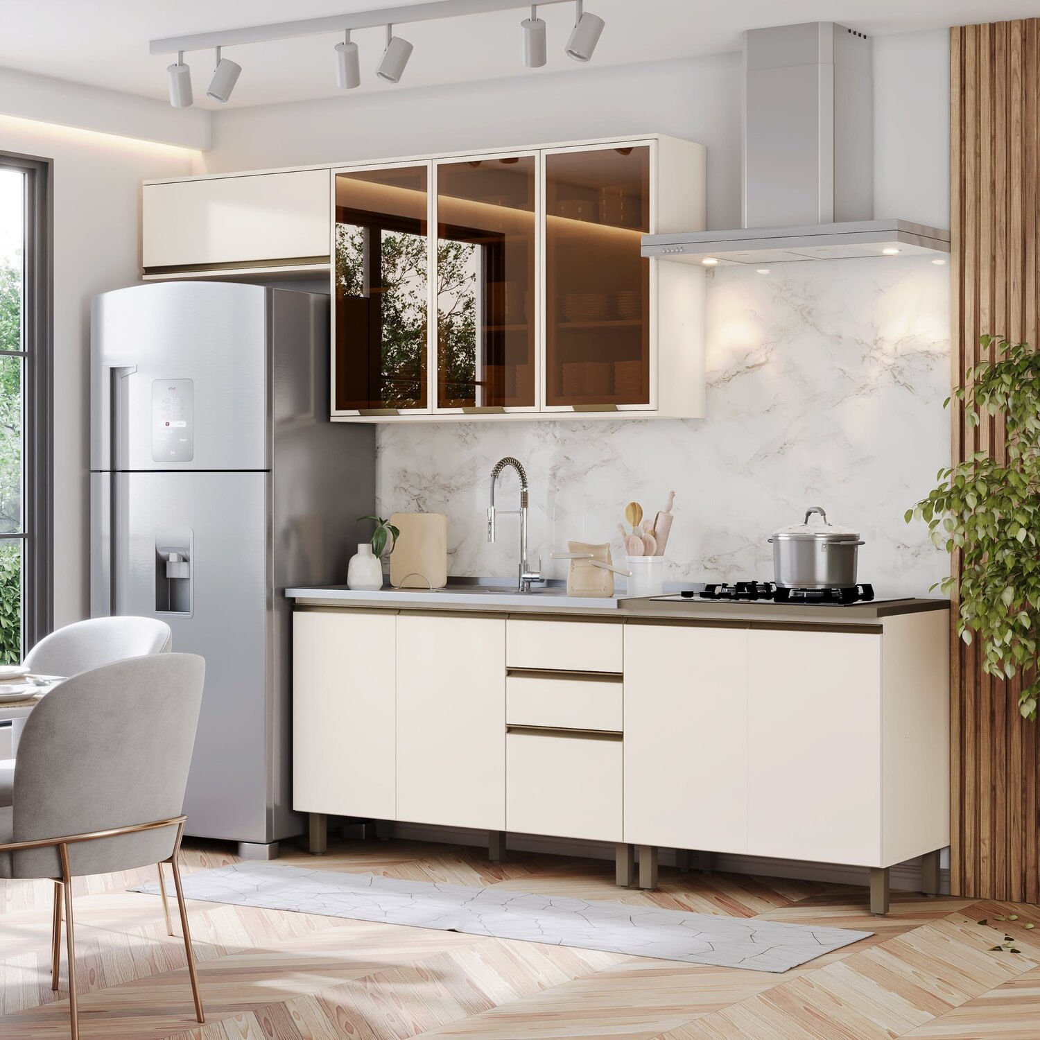 Cozinha Compacta 4 Peças 100% Mdf Com Aéreo Para Geladeira Connect Off White