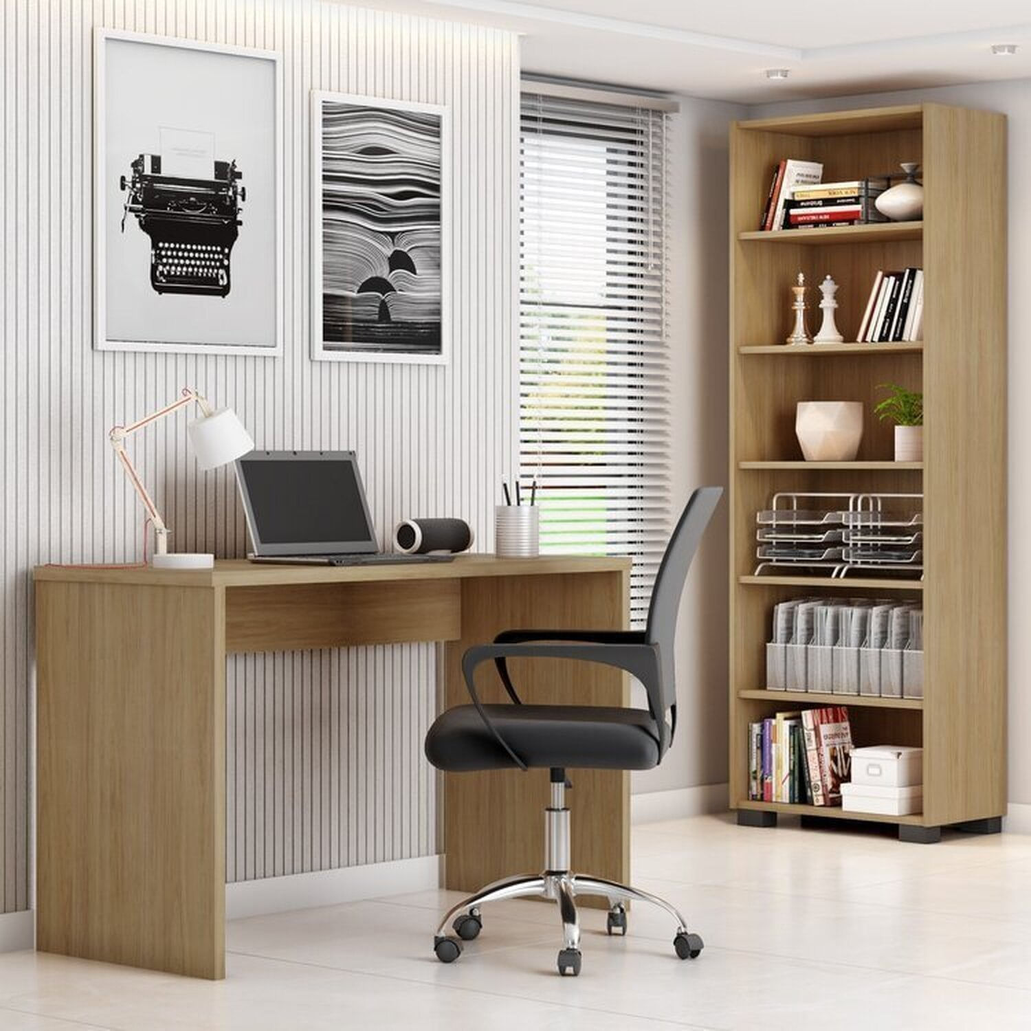 Kit 3 Peças Com Cadeira Para Escritório, Estante Livreiro E Escrivaninha Gávea Freijó/preto