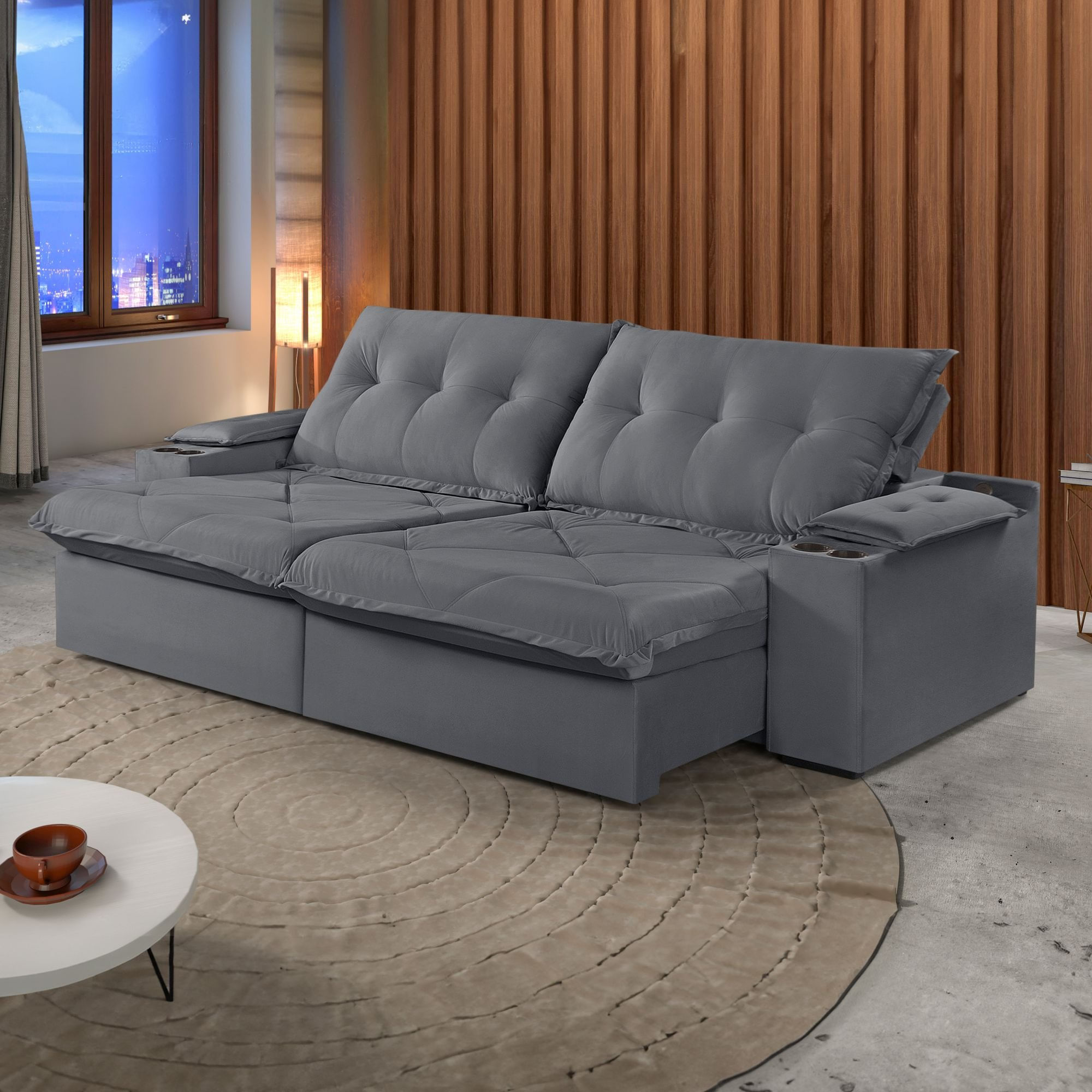 Sofá Retrátil E Reclinável 290cm M163 Com Porta Copos Veludo/cinza Escuro