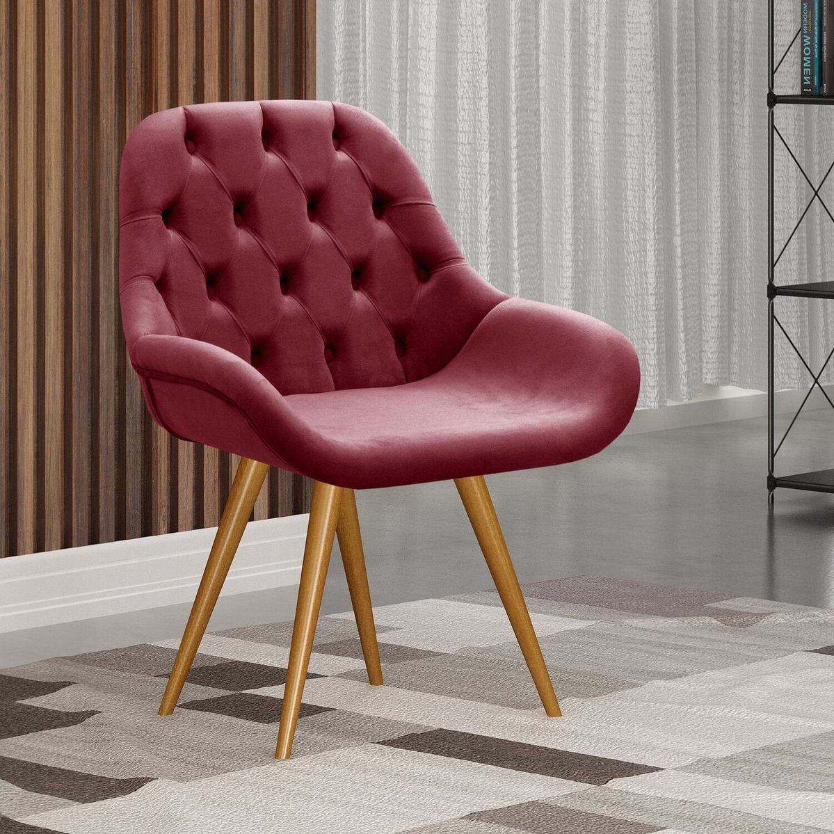 Poltrona Botonê Pé Palito Cadeira Decorativa Sala, Escritório, Recepção Lua Bordô