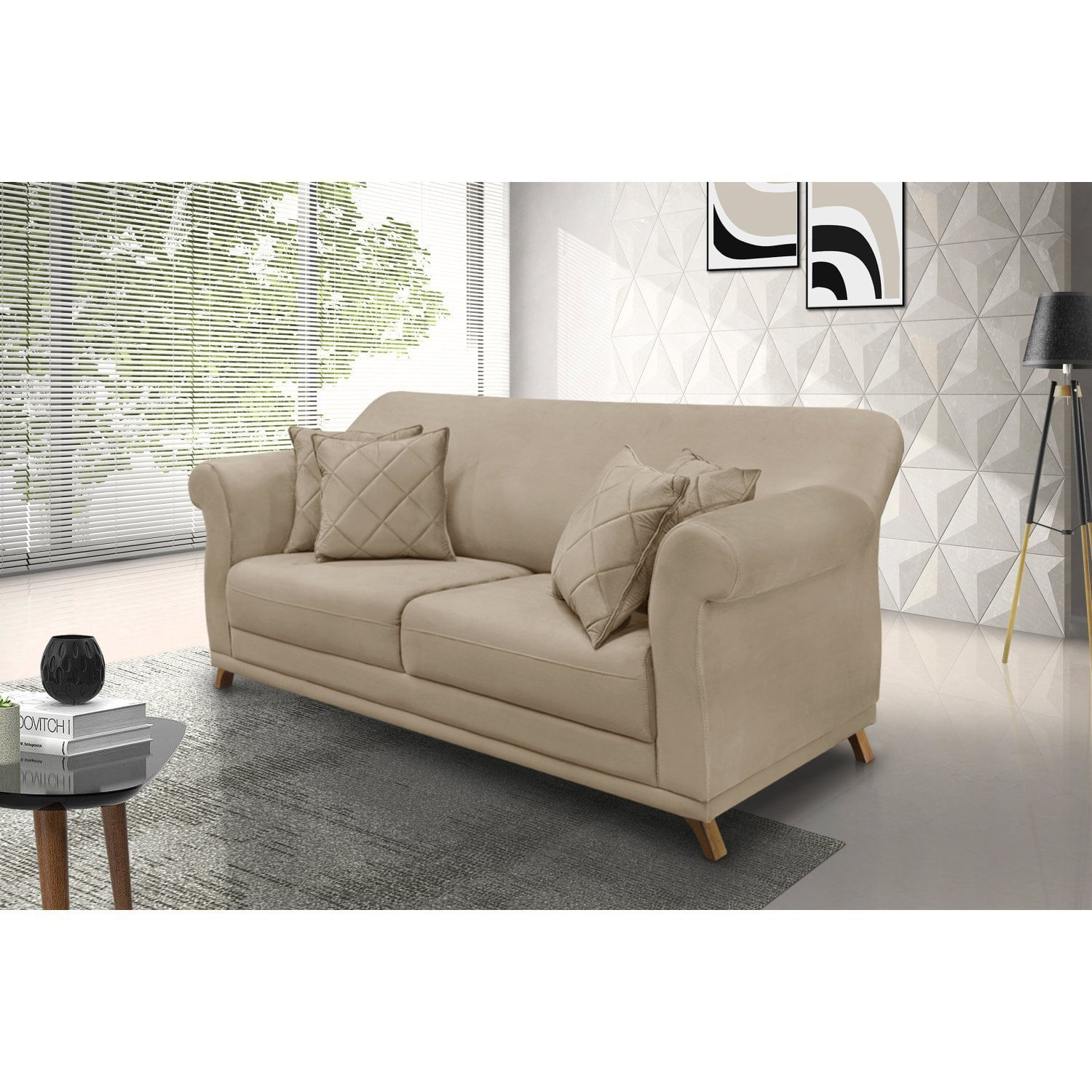 Sofá 3 Lugares 200cm Suede Arras Spezzia Decor Bege