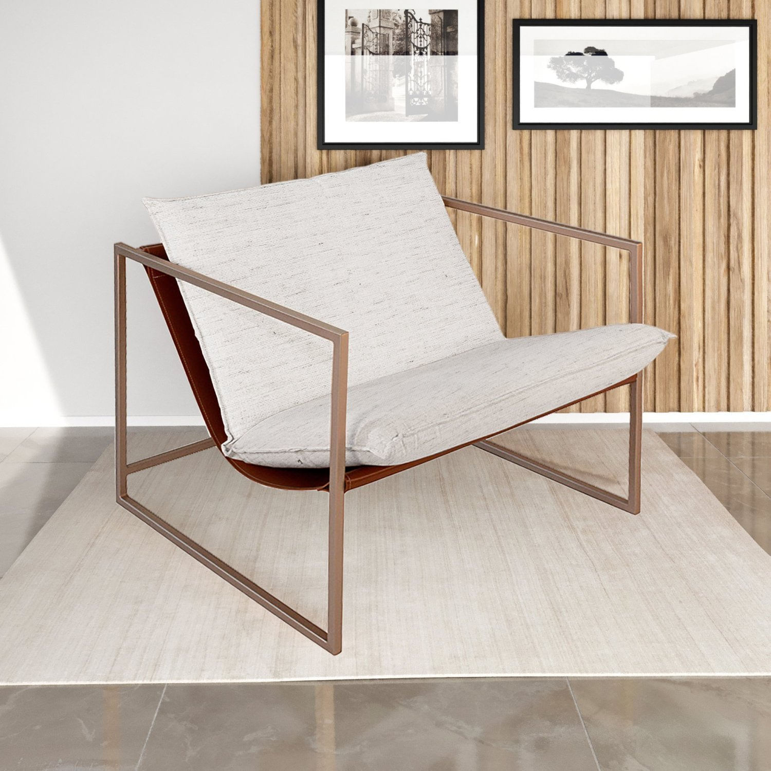 Poltrona Em Aço Com Estofado E Acabamento Em Couro Sara Champagne/c70