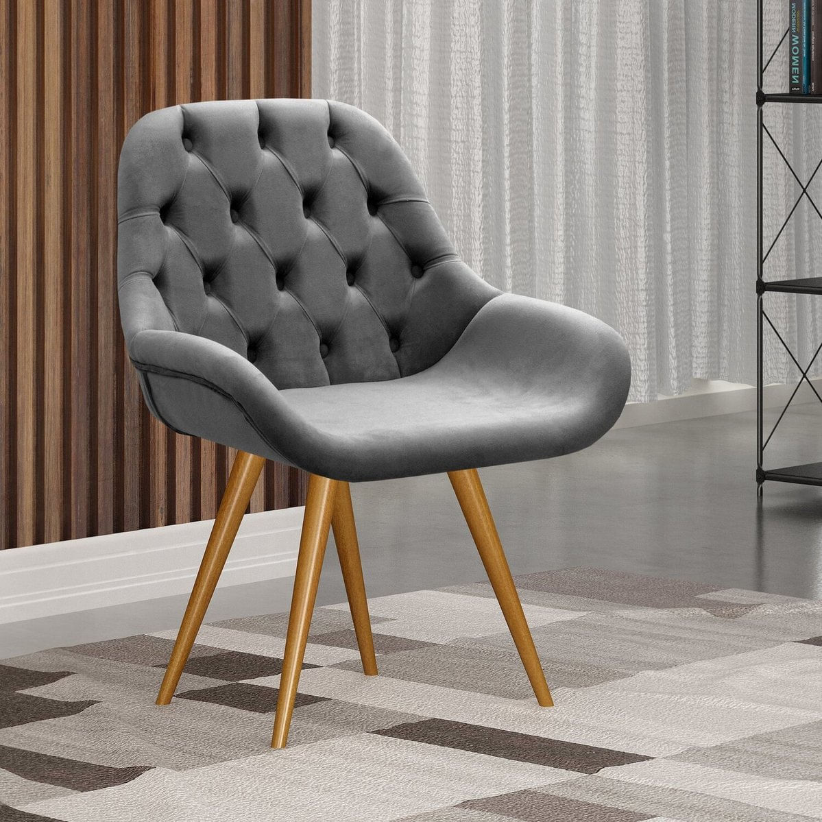 Poltrona Botonê Pé Palito Cadeira Decorativa Sala, Escritório, Recepção Lua Cinza Grafite