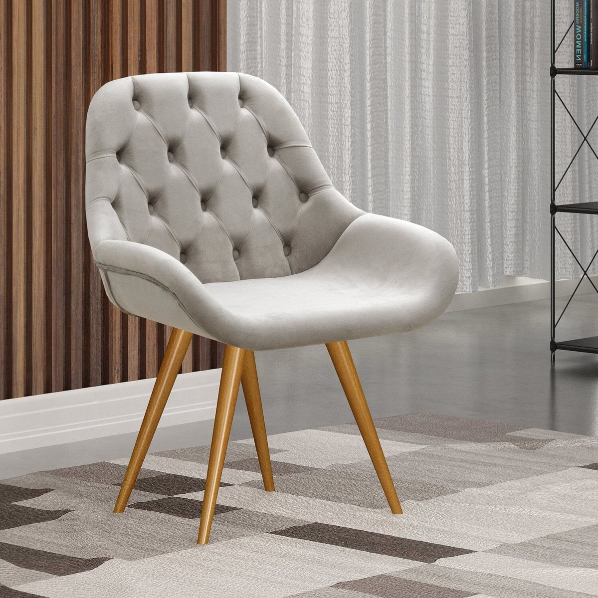 Poltrona Lua Botonê Pé Palito Cadeira Decorativa Sala, Escritório, Recepção Bege Claro