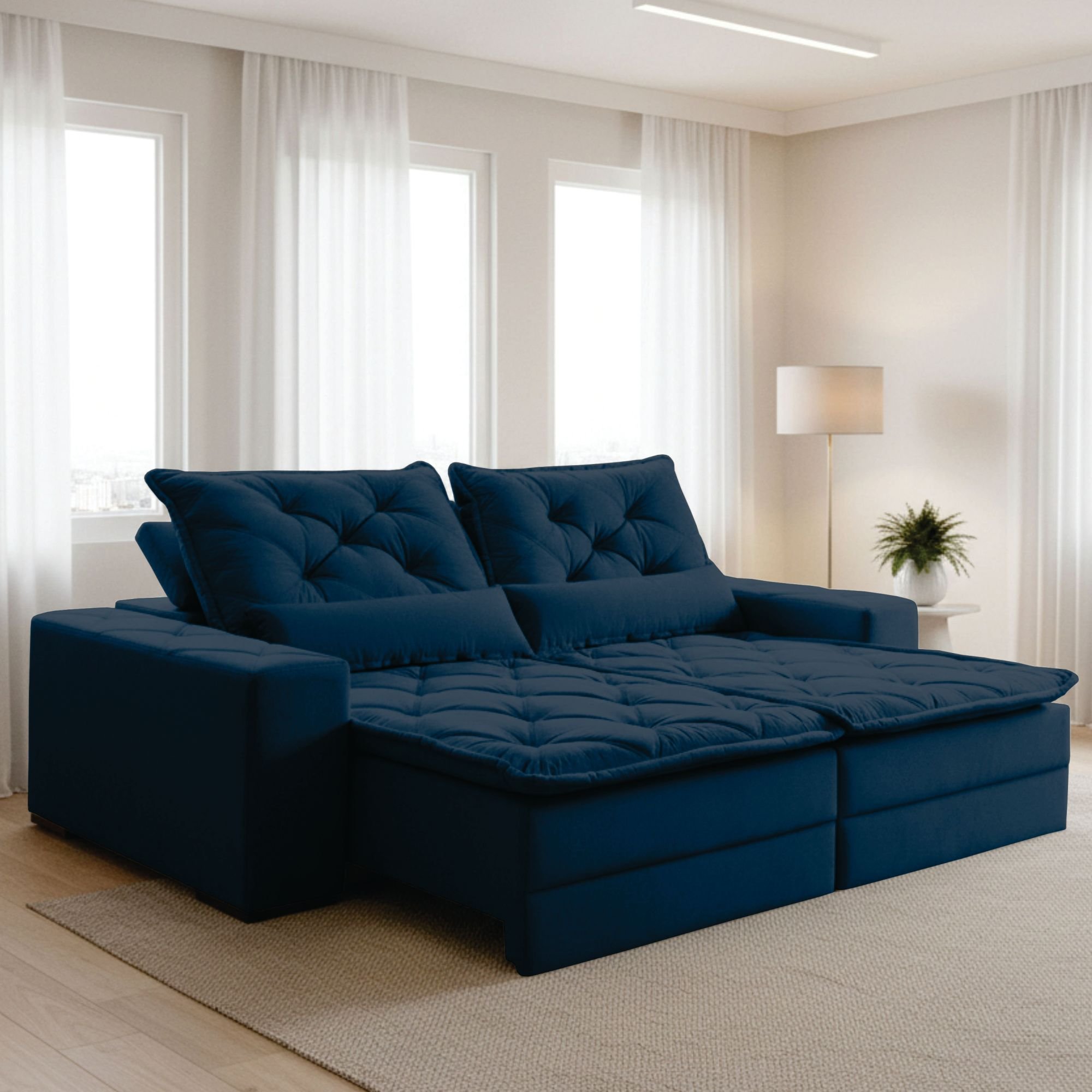 Sofá Reclinável 4 Lugares 290cm Dallas Montano Estofados Veludo Azul Marinho
