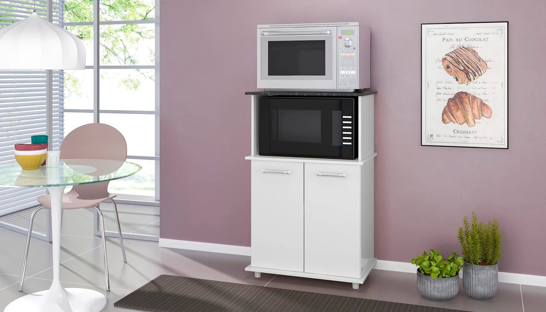 Balcão 2 Portas 2 Prateleiras Com Nicho Para Microondas Isis Nicioli Branco Uv