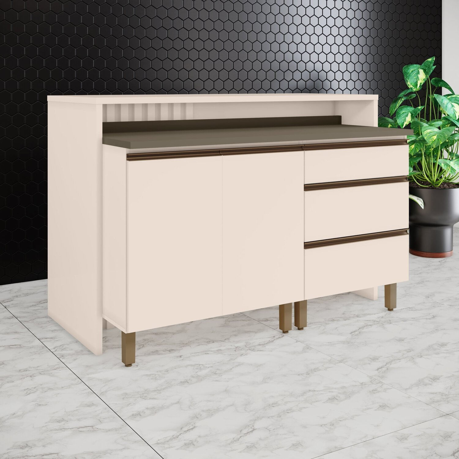 Kit Ilha Gourmet 2 Portas 3 Gavetas Com Tampo Aurora Bege/off White