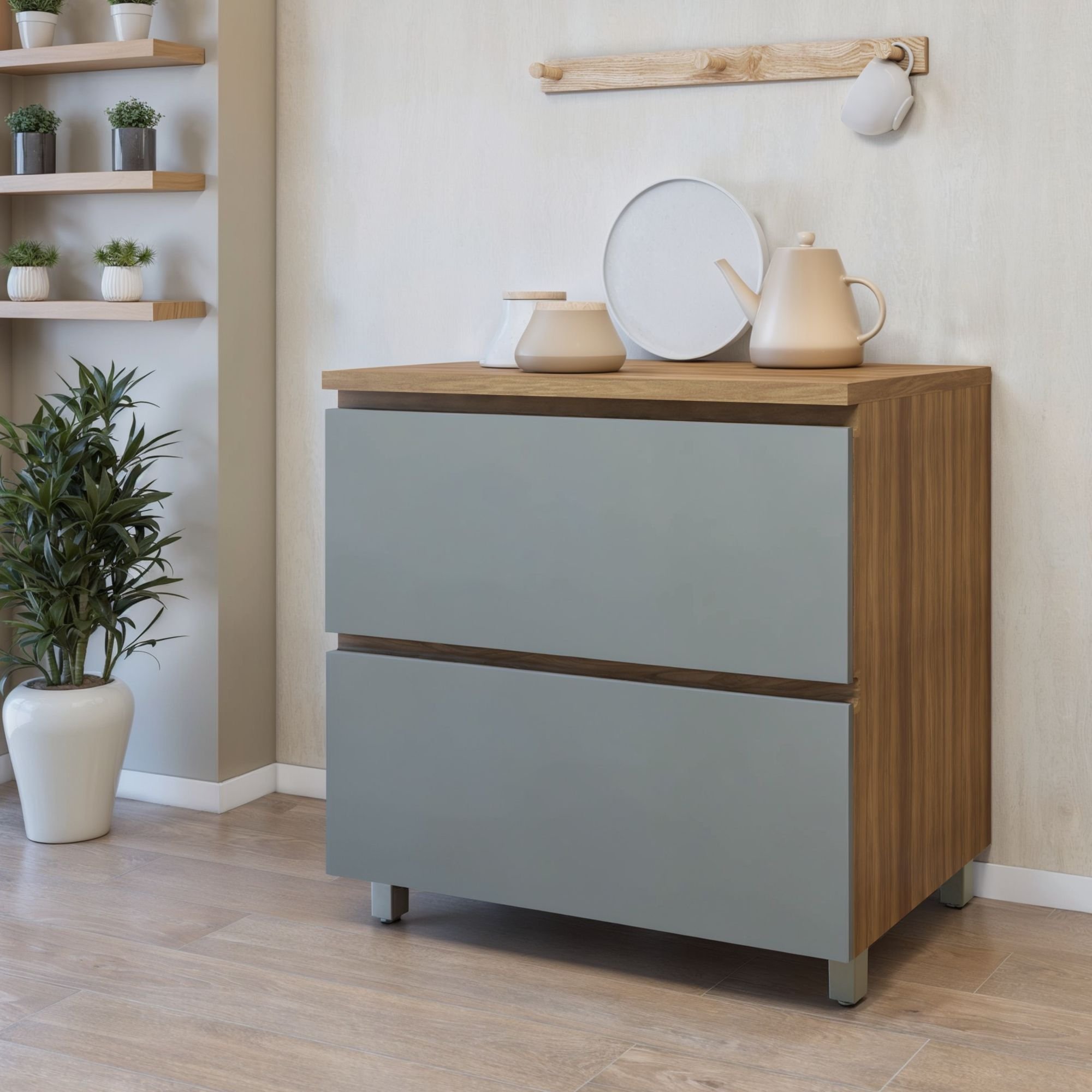 Balcão 1 Porta Basculante 1 Gaveta 80cm Nesher 100% Mdf Rainha Nature/verde