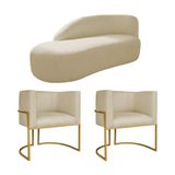 Kit Divã Luna 185cm Lado Esquerdo E 02 Poltronas Base De Ferro Dourado Suede Cor Bege