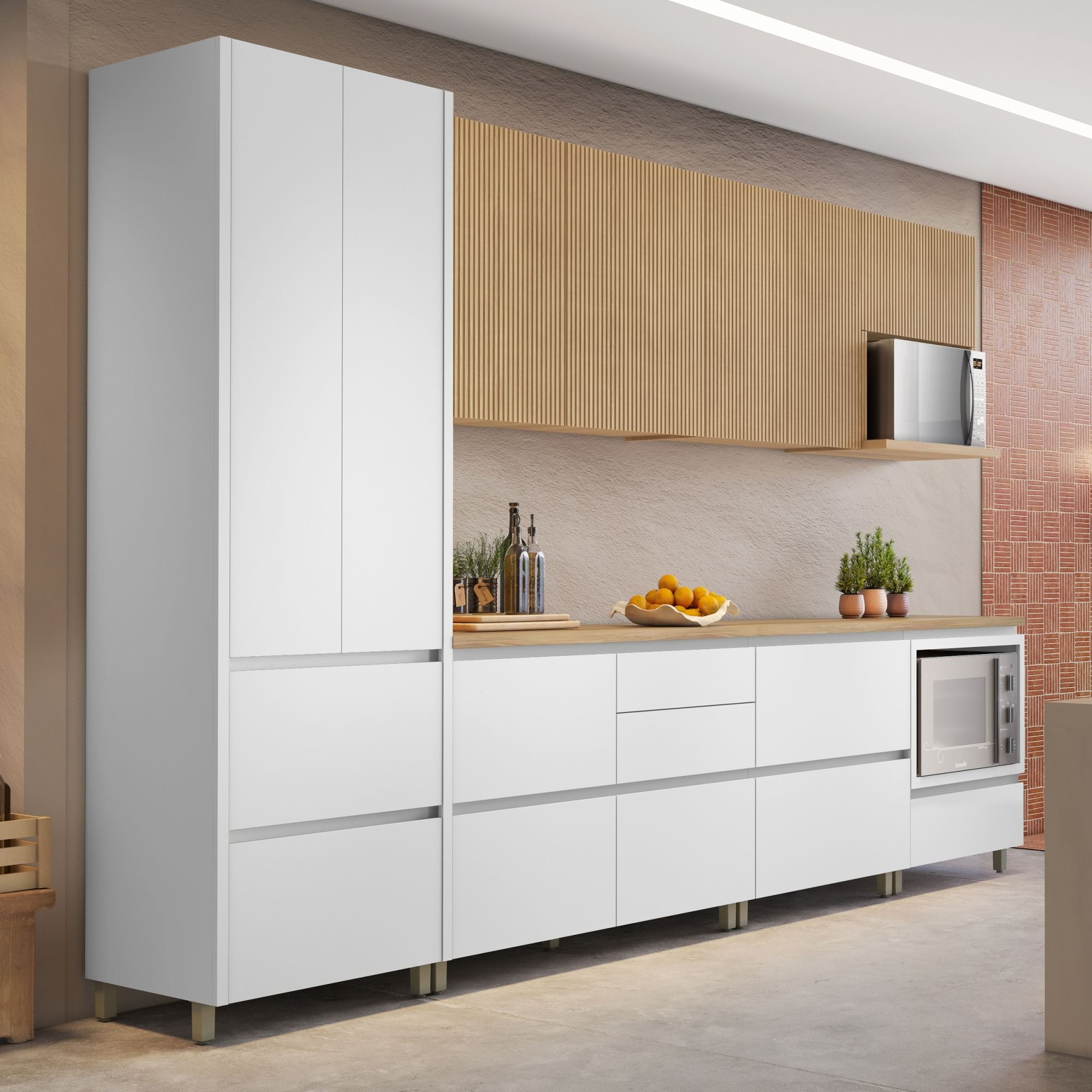 Cozinha 7 Peças 9 Portas 8 Gavetas Nichos Forno Ripado Rainha Nesher 100% Mdf Branco/nature