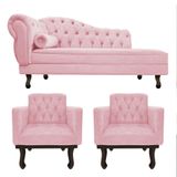 Kit Diva Recamier Diana 120cm Lado Direito E 2 Poltronas Classic Suede - Amarena Móveis Cor Rosa Bebê
