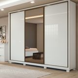 Guarda Roupa Casal Com Espelho 3 Portas De Correr 6 Gavetas E Pés 270,5cm Spazio Glass Espresso Móveis  Branco