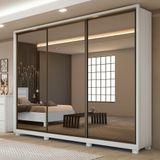 Guarda Roupa Casal Com 3 Espelhos 3 Portas De Correr 6 Gavetas E Pés 270,5cm Spazio Super Glass Móveis Lopas  Branco