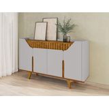 Aparador Buffet 4 Portas Mdf Ripado Real Pés De Madeira Maciça Tâmisa Off-white/naturalle