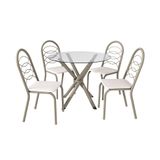 Conjunto De Mesa De Cozinha Redonda Com Tampo De Vidro E 4 Cadeiras Monika Corino Branco E Nikel