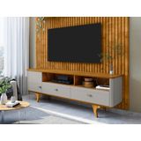 Rack Para Tv Até 70 Polegadas Pés De Madeira Maciça 1 Porta 2 Gavetas E Friso Decorativo Atenas Off White/naturalle