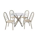 Conjunto De Mesa De Cozinha Redonda Com Tampo De Vidro E 4 Cadeiras Monika Corino Off White E Nikel