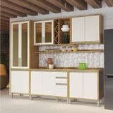 Cozinha Modulada Completa 5 Peças 12 Portas Com Vidro E Tampo 100% Mdf Barbados Espresso Móveis Amêndoa/off White