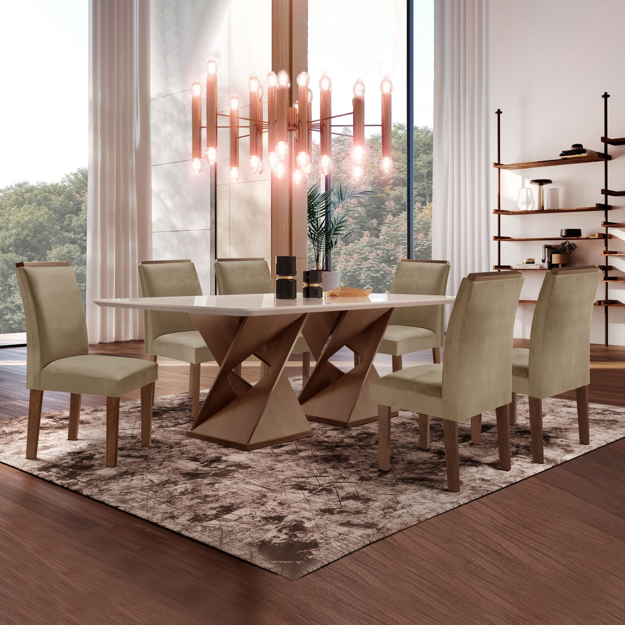 Conjunto Sala De Jantar Genova Tampo Vidro/mdf Com 6 Cadeiras Luísa Smart Plus Cel Móveis Chocolate/off White/marrom Claro