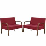 Kit 2 Poltrona 2 Lugares Jade Braço Madeira Vermelho