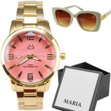 Oculos Sol Proteção Uv + Caixa + Relogio Feminino Banhado