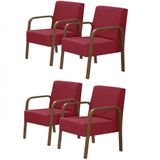 Kit 4 Poltronas 1 Lugar Jade Braço Madeira Vermelho
